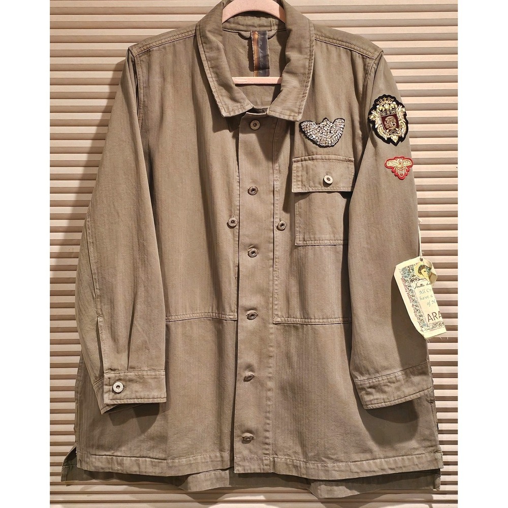 Aratta Silent Journey Jacket Womens XL Military Green Embroidered Bling Boho Art